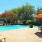 a pool with a table and chairs next to it